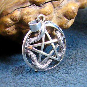 Solid 925 Sterling Silver Snake Weaving Through Pentacle Pentagram Pendant